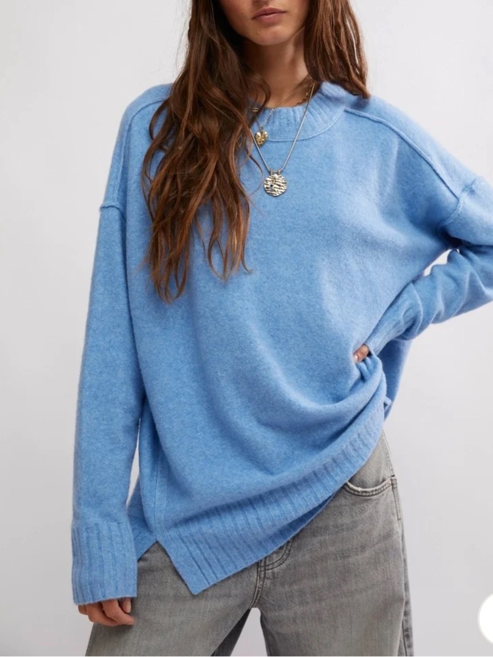 Free People Phoebe Soft Knit Blue Women's Sweater Tunic oversized ladies M
